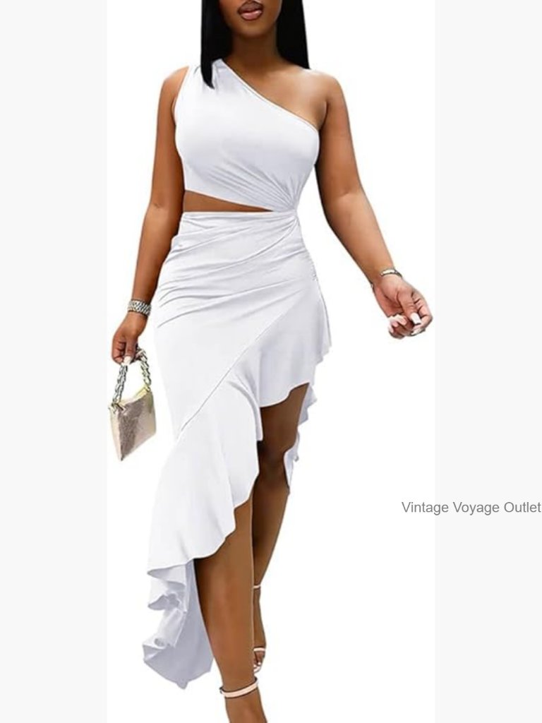 Sexy Bodycon One Shoulder Ruffle Asymmetrical Cut Out Maxi Dress